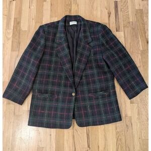 ALFRED DUNNER Navy Green Red Plaid Wool Jacket Blazer Womens XL VTG